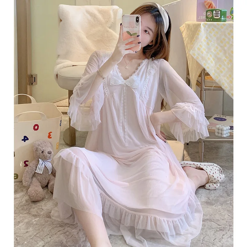 Women Lolita Night Dress Princess Sleepwear Multilayer Lace Mesh Romantic Vintage Victorian Nightgowns Nightdress Lounge Wear