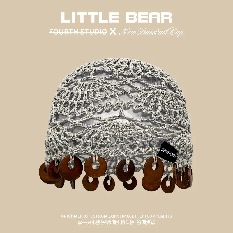 Niche Handmade Log Pendant Hollow Knitted Pullover Hat for Women Spring and Summer Breathable Ethnic Knitted Skull Beanie Cap