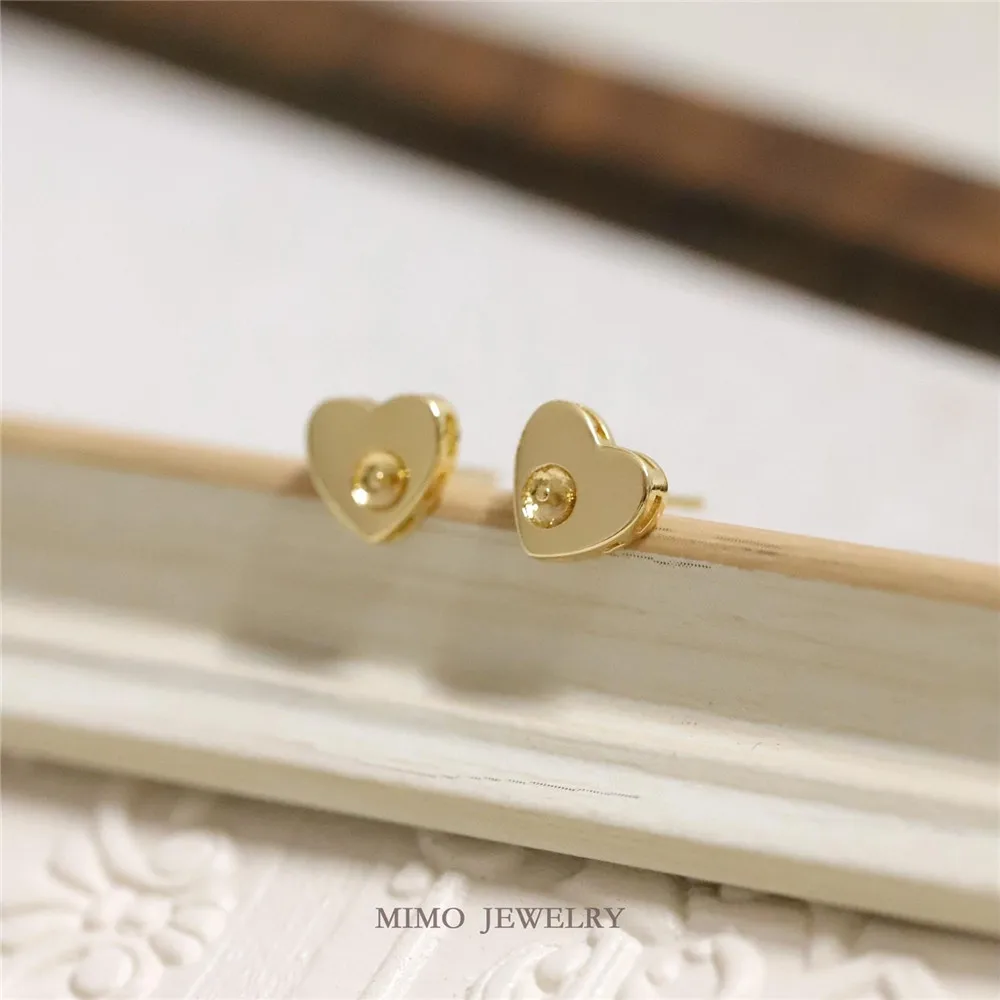 Copper-plated Real Gold Simple and Symmetrical Small Heart Empty Holder Silver Needle Earrings DIY Handmade Charm Accessories