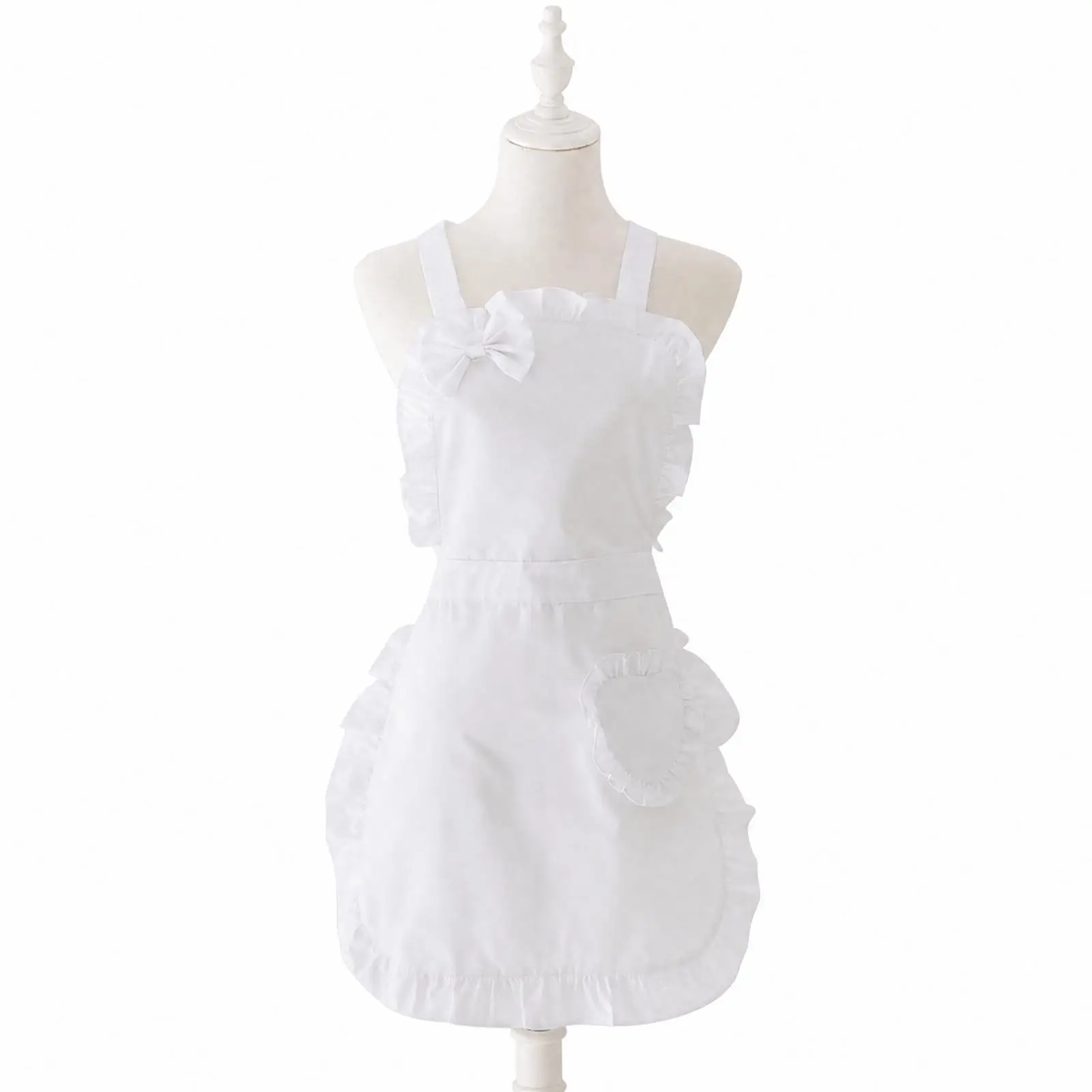 Ruffled Kitchen Apron with Front Pocket Stain-Resistant Apron with Details and Bow Practical for Cooking, Meal Planning, Café