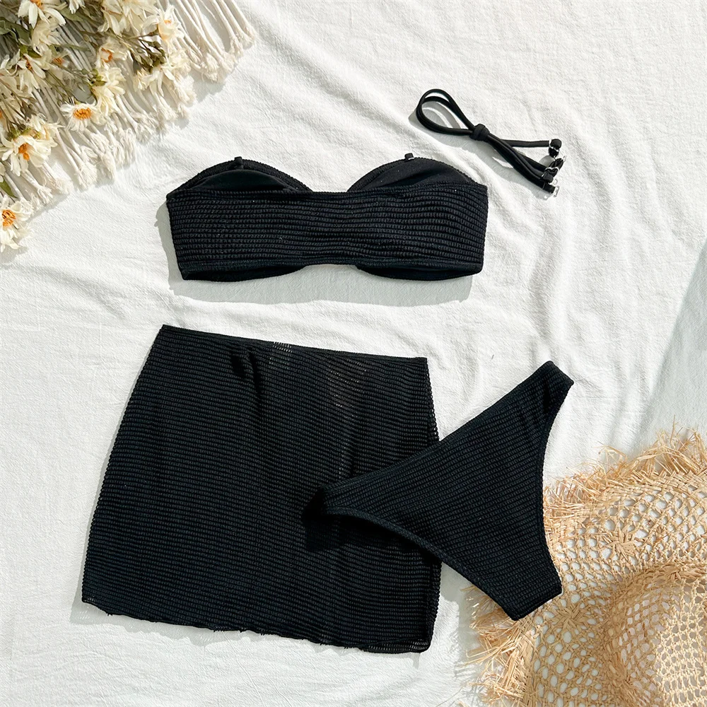Sexy Bandeau Bikini Sling Swimsuit 3-piece Short Skirt Set Women Metal Buckles Beachwear Vacation Swimwears Bathing Suit Bikinis