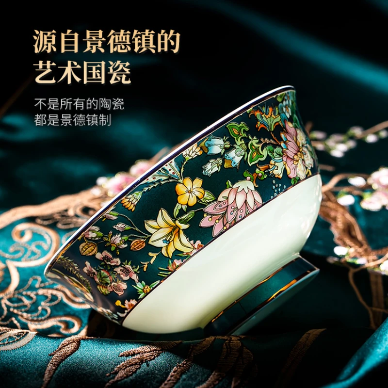 Jingdezhen Ceramic Tableware Set High-Grade Enamel Color Bowl Dish Household Chinese Bone China Bowl Plate Gift