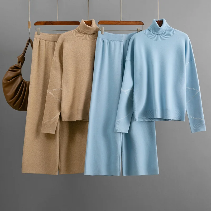 

Pant Set Women Two Piece Sets Turtleneck Full Sleeve Solid Casual Loose Tops Wide Leg Long Pants High Waist Y2k Streetwear