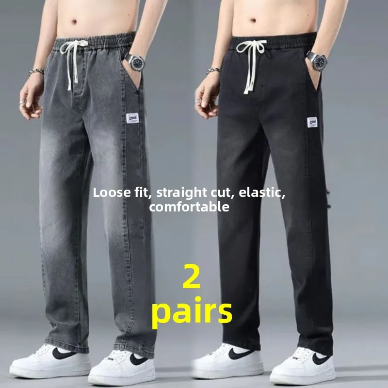 

Мужские джинсы в американском ретро-стиле, летние, модные, эластичные, свободного кроя, прямые, с эластичным поясом, широкие штанины, рабочие, повседневные брюки