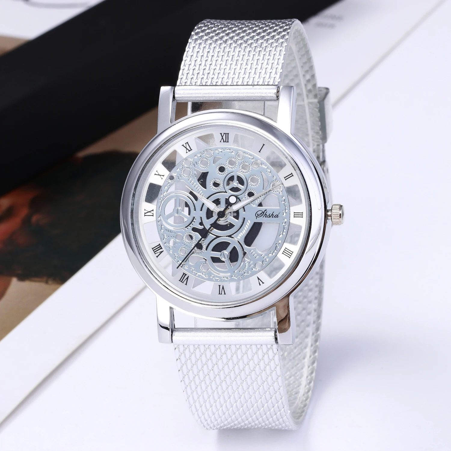 WOKAI high quality casual men\'s fashion quartz hollowed-out business watch Student boy silicone mesh strap clock retro