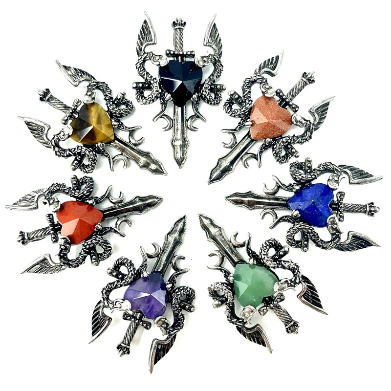 

Vintage Double Dragon Sword Cross Crystal Pendant with Natural Amethyst Tiger Eye Lapis Stone DIY Couple Charm Necklace Jewelry