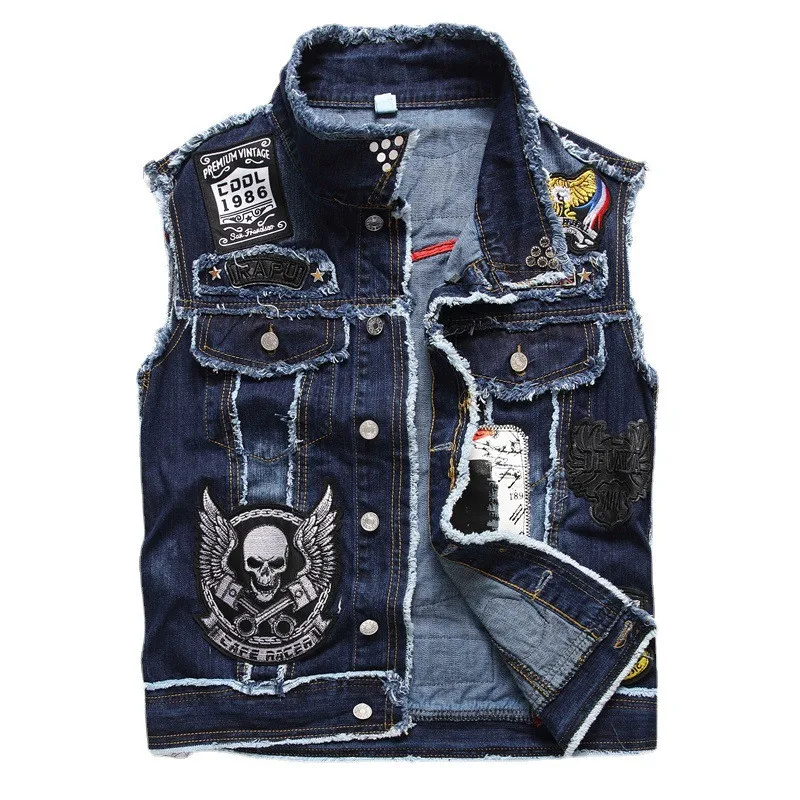 Gilet in Denim da uomo Hi Street Biker con rivetti Skull patch Fashion Punk Style Jean gilet giacca senza maniche di personalità