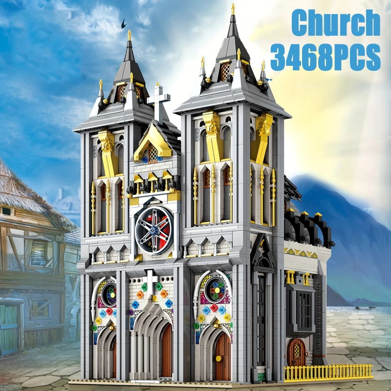MOC-Juego de bloques de construcción de iglesia europea Medieval, juguetes de arquitectura de capilla catedral de alta gama para niños, regalos de cumpleaños y vacaciones