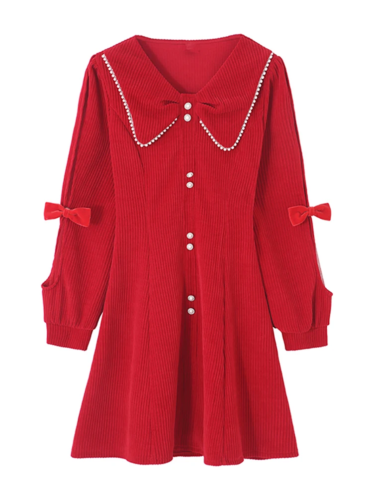 Vermelho veludo grosso quente mini vestido feminino outono inverno elegante miçangas boneca colarinho vestido 2025 coreano vintage hepburn vestido de baile