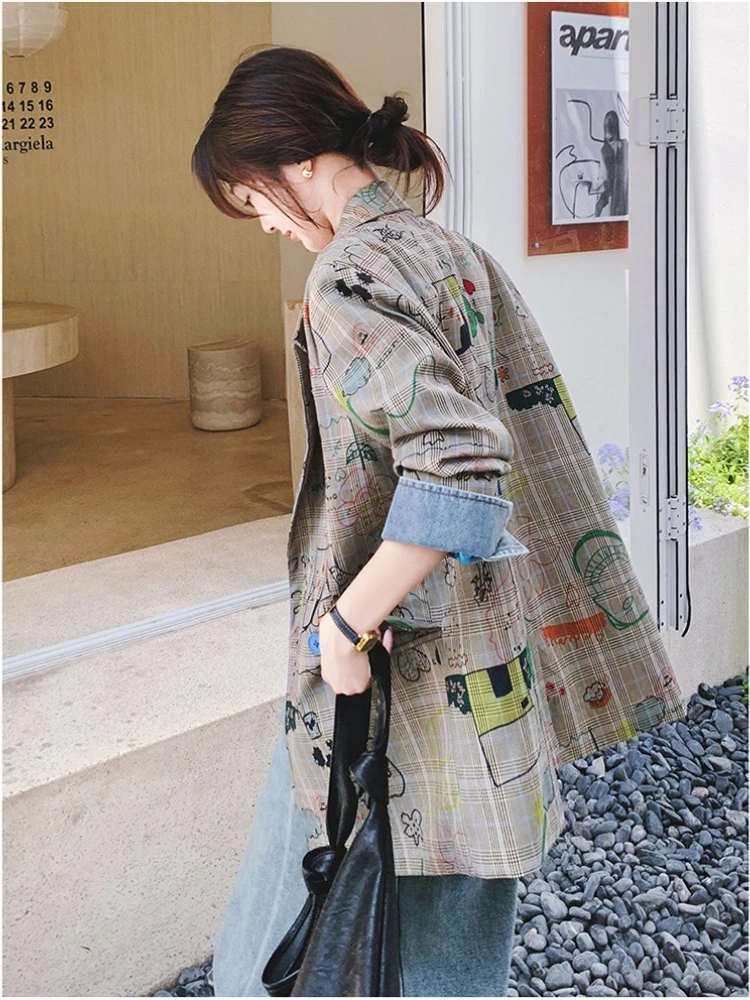 Onecozyday 2025 Primavera e autunno Giacca casual ampia da donna nuova Giacca di media lunghezza Cappotto con stampa graffiti Abbigliamento quotidiano Capispalla