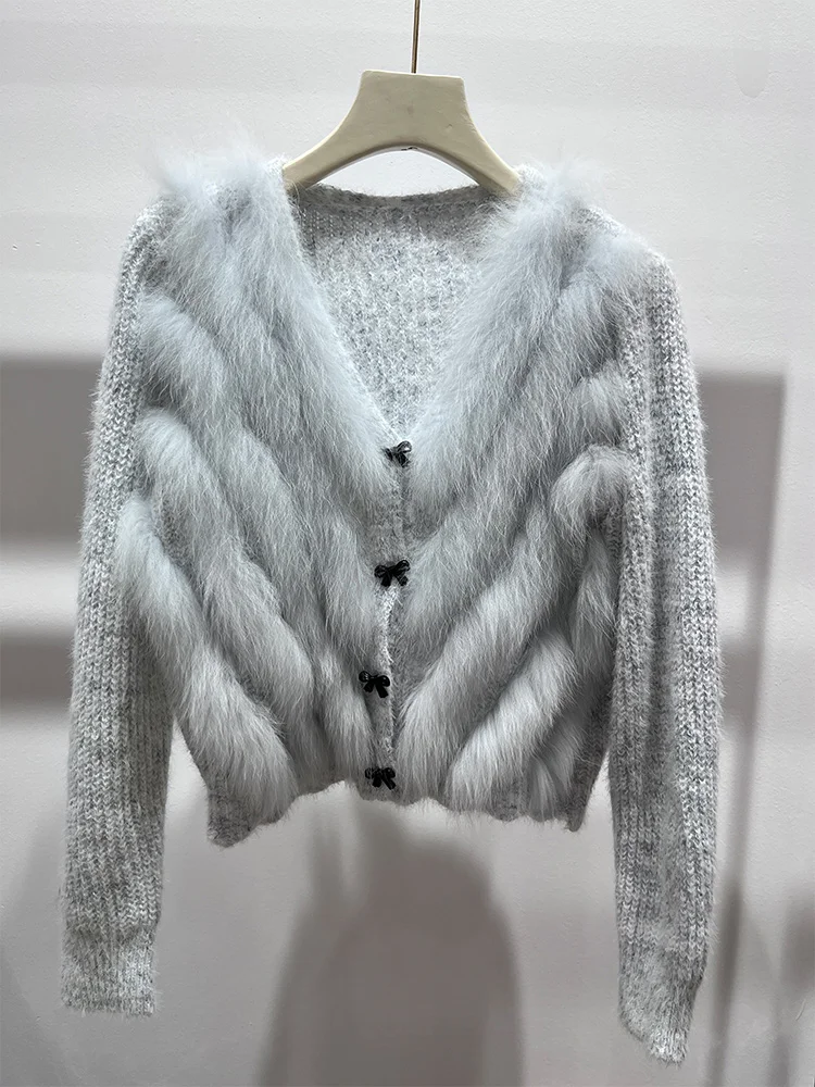 

2025 Fashion New Women Autumn Real Natural Fox Fur Knitted Cardigan Coat Female Short Fluffy Sweater Luxury Coat
