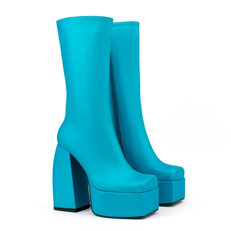 

Bright Blue Platform Mid-calf Short Boot Chunky Super High Heel Suqare Toe Side Zipper Solid PU Spring Autum Dress Women Shoes