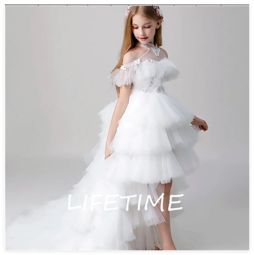 Flower Girl Dress Gorgeous Sleeveless Tulle Lace Layered Princess Ball First Communion Dresses Kids Surprise Birthday Present