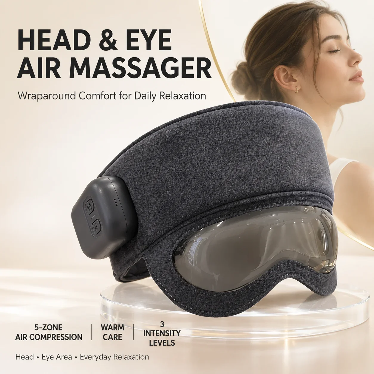 Head Eye Massager 5-Zone Air Compression Heated Eye Mask 3 Levels Type-C Rechargeable 1200mAh 10 Minute Cycle Home Office Travel