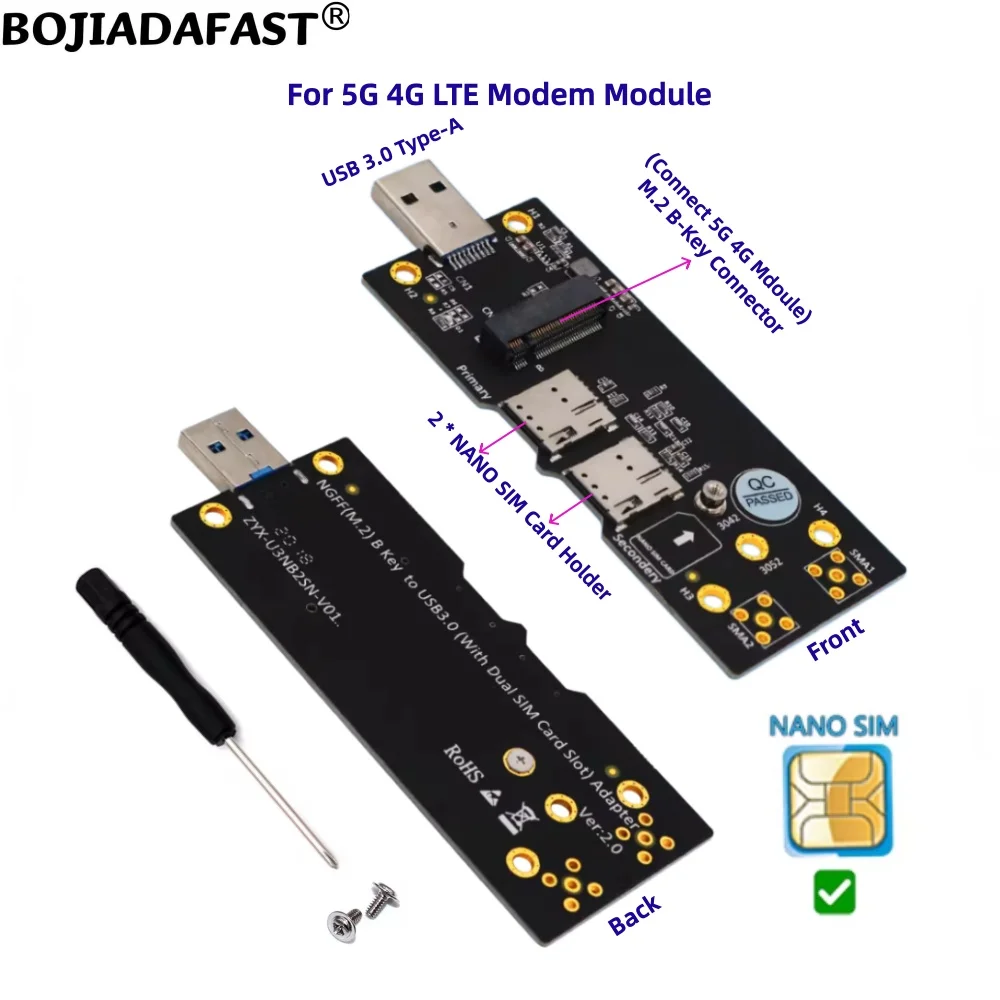 USB 3.0 Type-A to M.2 NGFF B-Key Wireless Adapter 2 NANO SIM Card Slot For 5G 4G LTE Modem Module