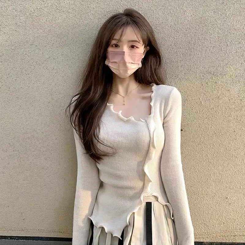 Plus Size Slit Hem Irregular Solid Sexy Tops Spring Autumn Long Sleeve Slim Ruffles Korean T Shirts Fashion Trend Women Clothing