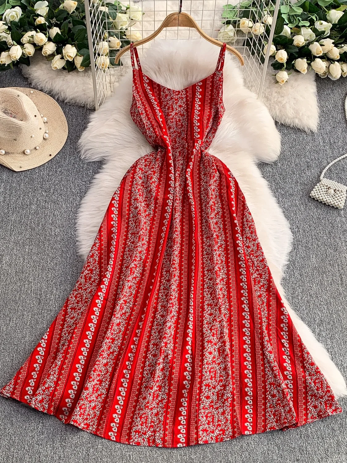 Sweet Floral V-ne Strapl Dr Women's Summer Holiday Sexy Bal High Waist Slimming Maxi Skirt Korean Sle Print A-...