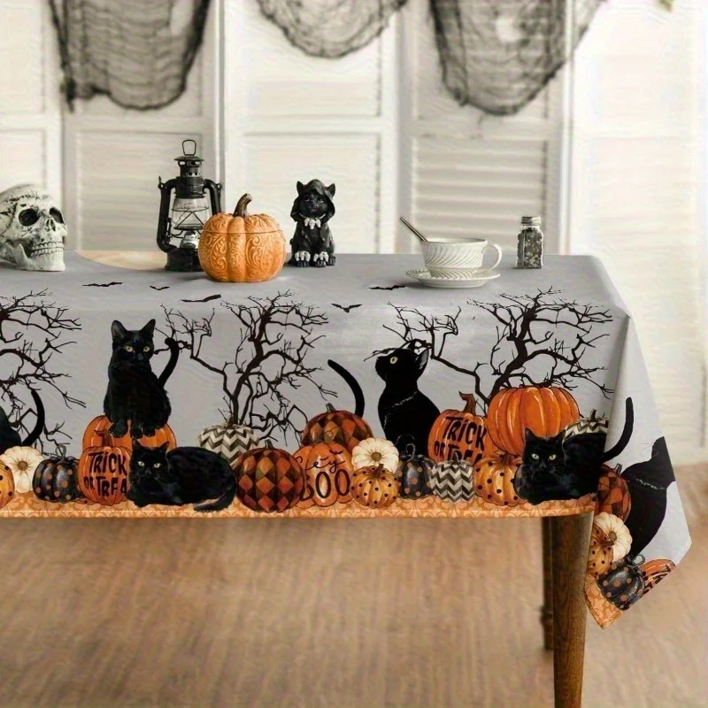 1pc Halloween tablecloth - Buffalo check pattern with pumpkin, moon and cat design - Washable - Suitable for partieszyc
