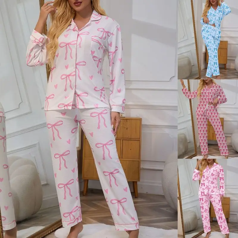 Cozy Lapel Collar Women‘s Soft Cotton Blend Pajama Set, Long Sleeve Open-Front Top & Long Pants, Breathable Warm Fall Winter Hom