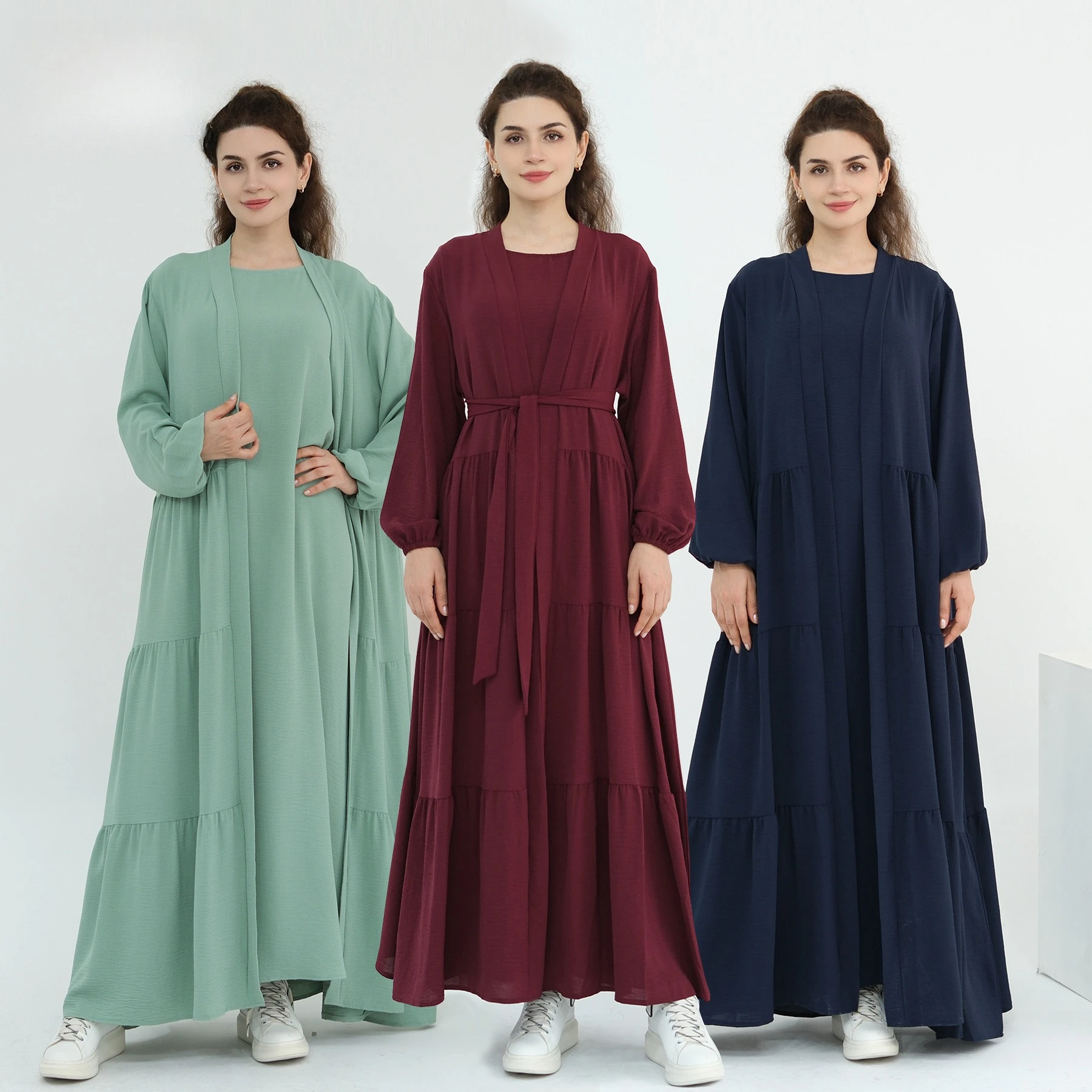 

Dubai Turkey Abaya Dress 2 Piece Set LR1018 Plain Color Long Robe
