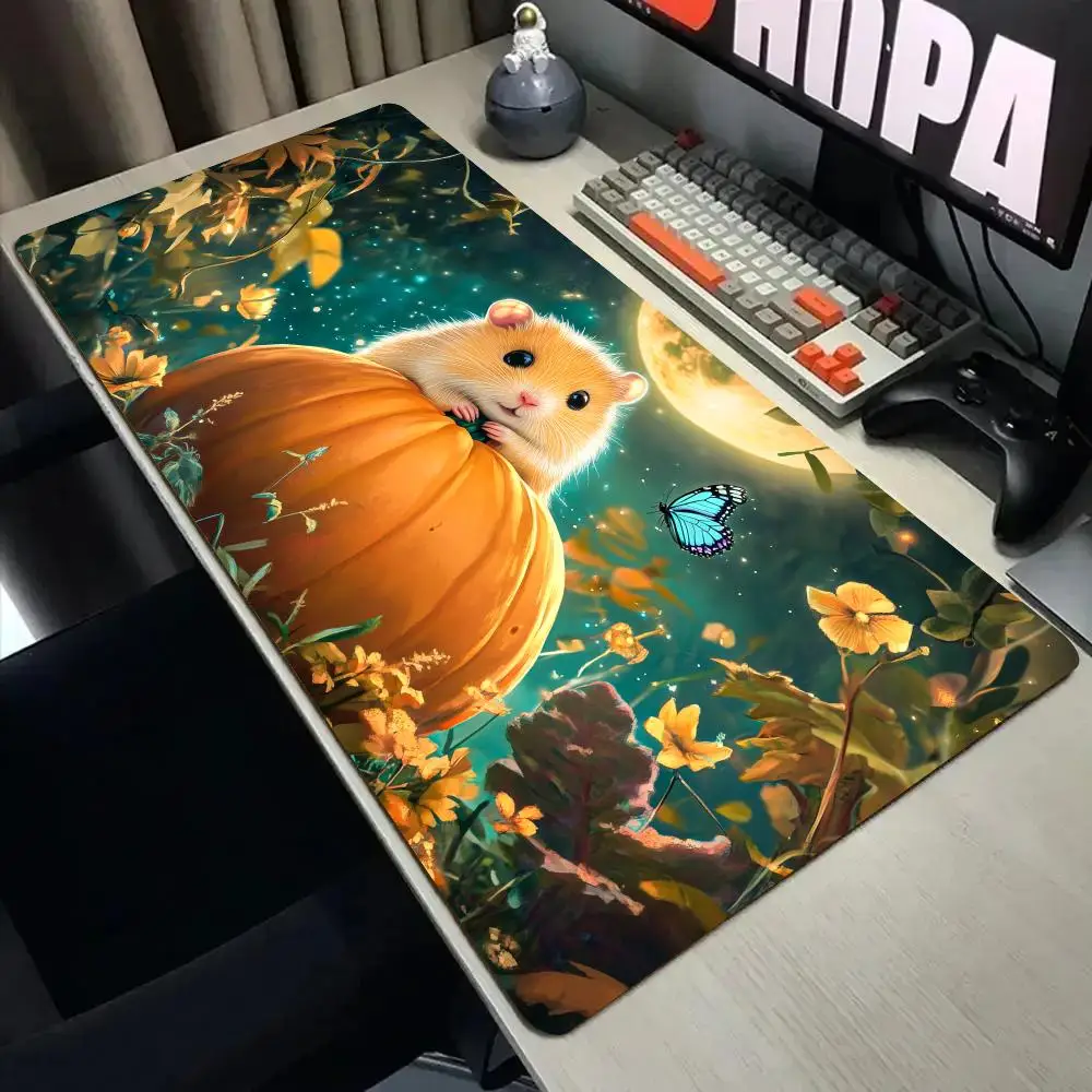 Cute hamster and pumpkin Mouse Pad Desk Mat with Stitched Edge XXL Mousepads Rubber Anti-slip Gamer Keyboard Rug Gaming Mats