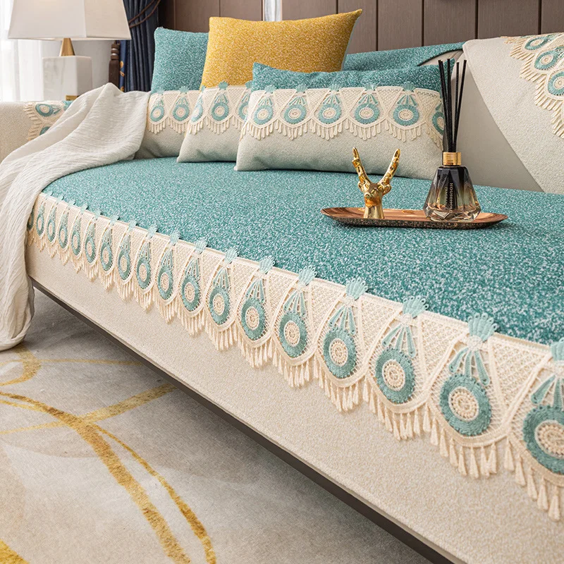 Luxury Chenille Sofa Cover Exquisite Crochet Edge Patchwork Couch Cushion Four Seasons Universal Anti-slip Slipcovers Home Decor