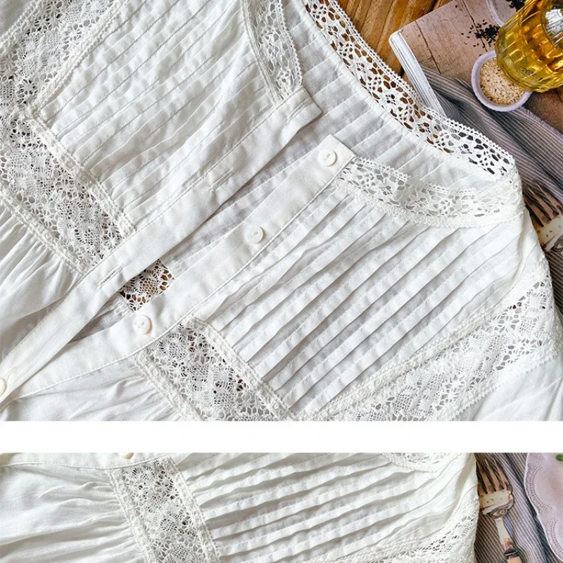 Vintage White Lace Shirt Blouses White Button Front Hollow Out Embroidered Blouse Long Sleeve Tops Autumn Woman Clothing