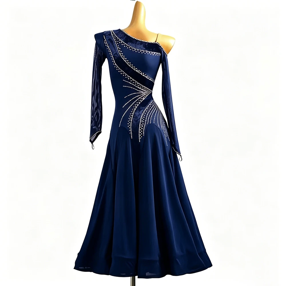 

Navy Blue Ballroom Dance Dress Women Rhinestone Long Sleeve Modern Waltz Competition Costume Standard Tango Performance Dress