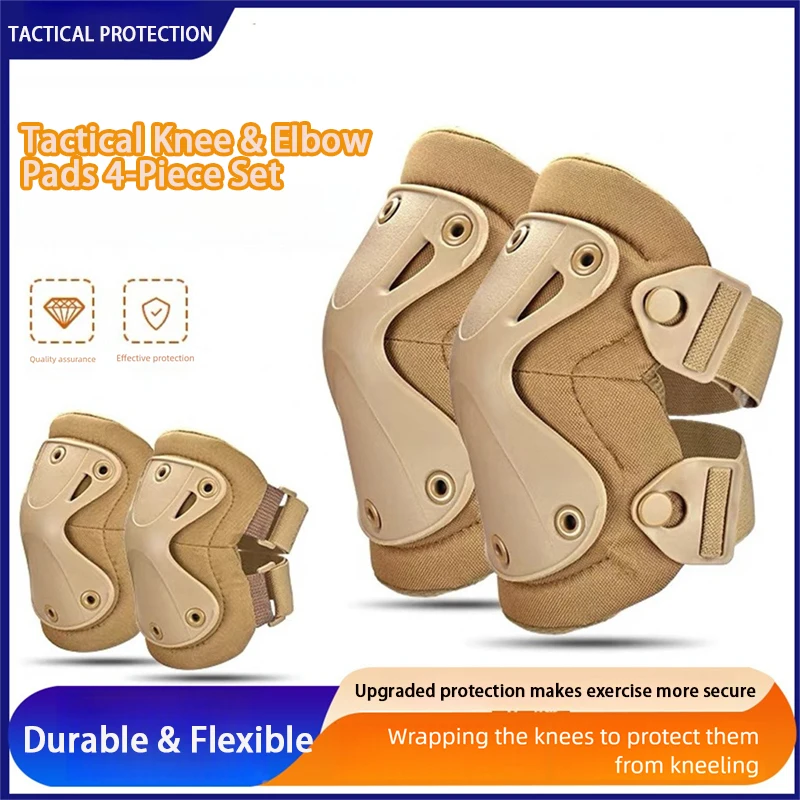 ZK 4Pcs Tactical Knee & Elbow Pads Set Hook‑and‑Loop Fastening EVA Sponge Lining Protector for Hunting Training Outdoor Sports