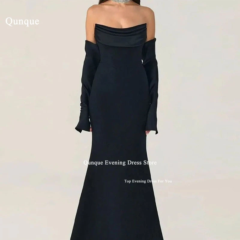 Qunque Detachable Sleeves Black Mermaid Prom Dress Long Pleated Vestidos De Fiesta Elegant Women Customized Evening Party Gowns