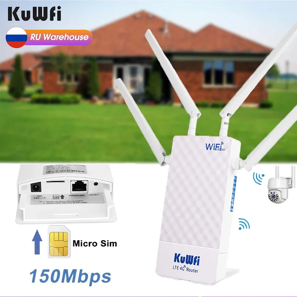 

KuWFi Outdoor 4G LTE Router 150Mbps Wireless Wi-fi Router with External Antenna SIM Card Slot Support 48V POE Switch for Camera