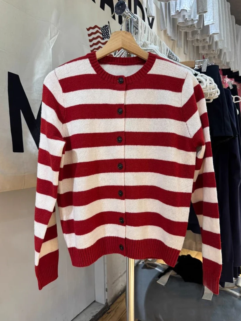 

Red Striped Sweater Cardigan Woman Autumn O-neck Long Sleeve Slim Knitwear Female Vintage Sweet Preppy Style Cotton Sweaters Top