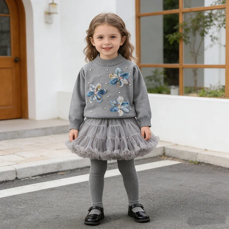 2026 neue Frühjahr 2-6Yrs Kinder Kleidung Set Baby Mädchen Gestrickte Kleidung Anzug Lange Ärmeln Gestrickte Pullover Pullover + Kurzen rock