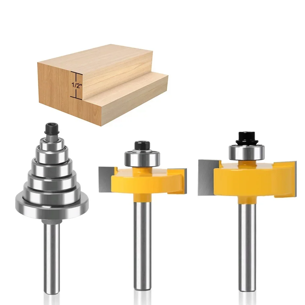 2PCS 6.35 12 12.7 8mm Shank Rabbet Router Bit with 6 Adjustable Bearings Tenon Milling Cutter Cemented Carbide Woodworking Bits