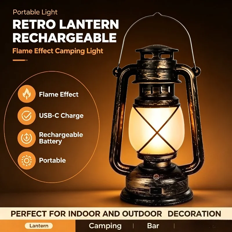 Rechargeable LED Lantern, Portable Camping Light with Flame Effect and USB-C Charging for Tents, Bars and Restaurant Tables