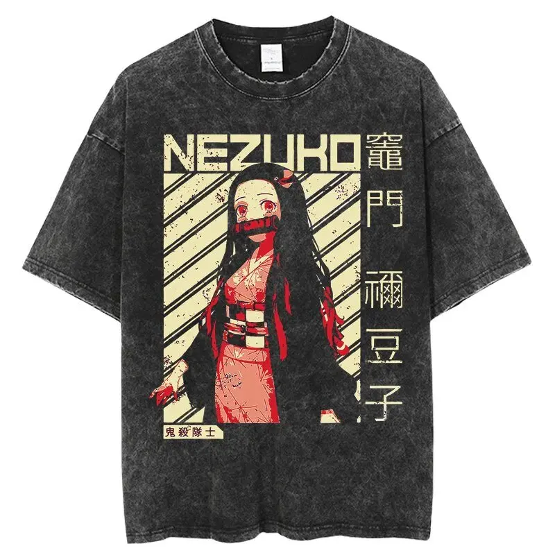 Koszulka Harajuku Anime Demon Slayer Nezuko Vintage Washed Graphic T-Shirt Męska Damska Bawełniana Krótki Rękaw Casualowe Topy Y2k Streetwear
