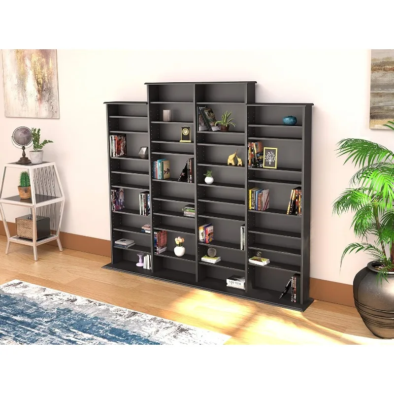 4 Column Tall Cabinet Media, Quad Width Wall Storage, Black