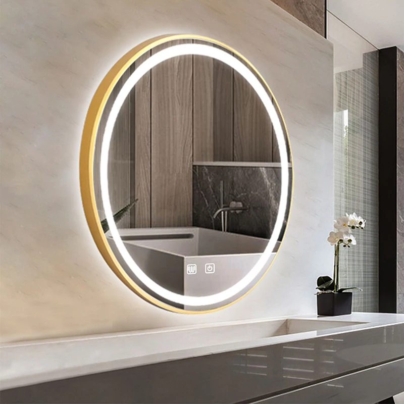 Imagem -03 - Smart Gold Frame Round Makeup Mirror Vaidade Led Desembaçamento Dimmer Cores Backlit 60 70 80cm