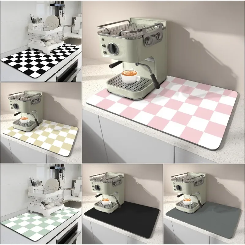 Pink & White Checkered Absorbent Stain Resistant Rubber Backed Retro Dish Drying Mat for Kitchen Counter & Coffee Bar