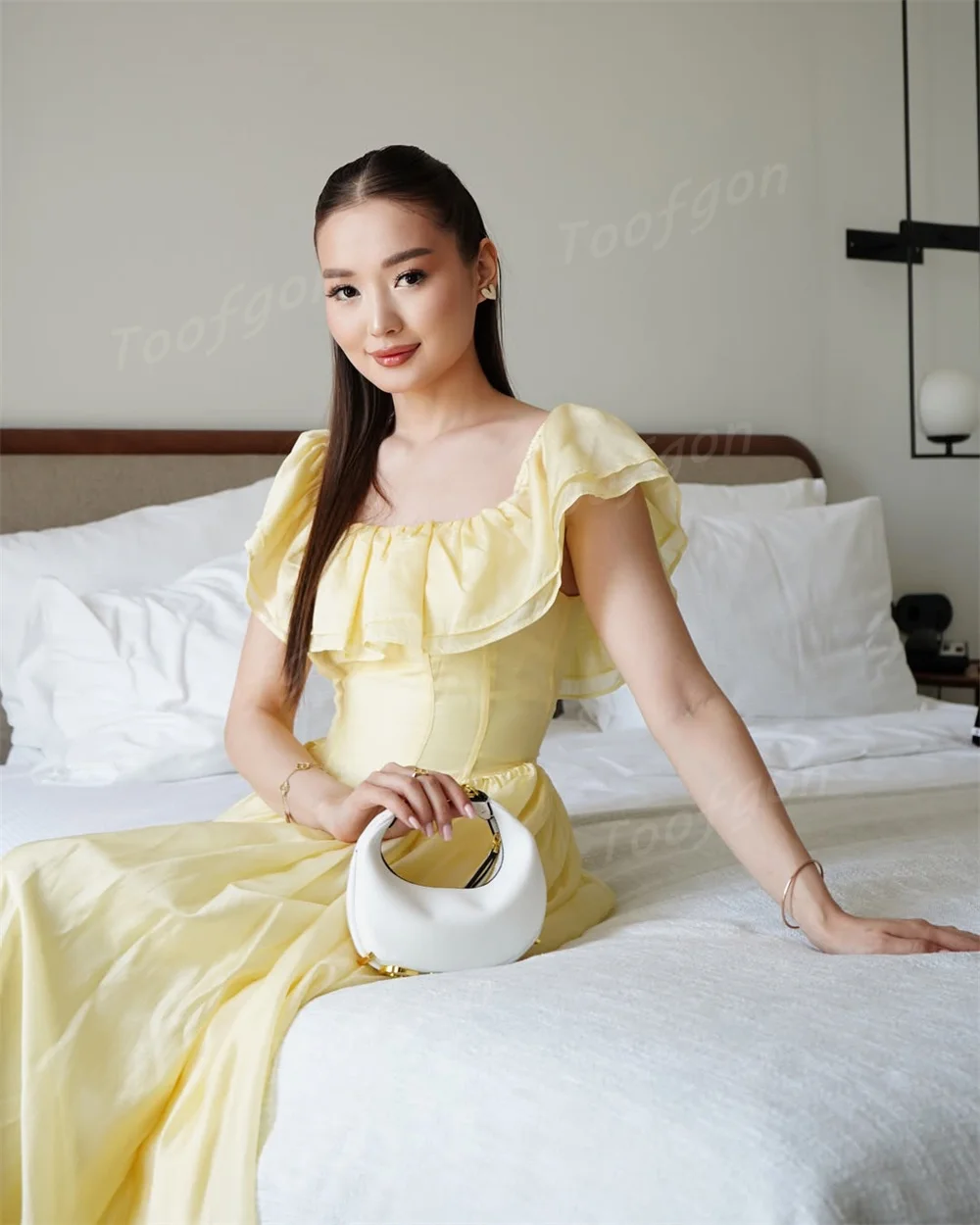 Toofan с оборками, желтые вечерние платья трапециевидной формы, вечернее платье длиной до щиколотки по индивидуальному заказу, специальное платье для выпускного вечера знаменитостей с короткими рукавами