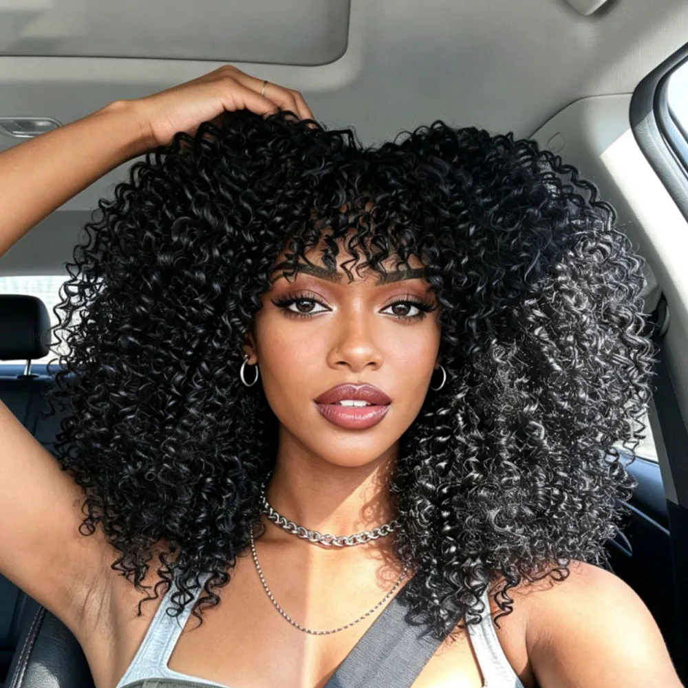 Afro Kinky Curly Wig with Bangs 300 Density Synthetic 18inch Wear And Go Glueless Curly Wig for Black Women Fiber Pixie Cut Wig