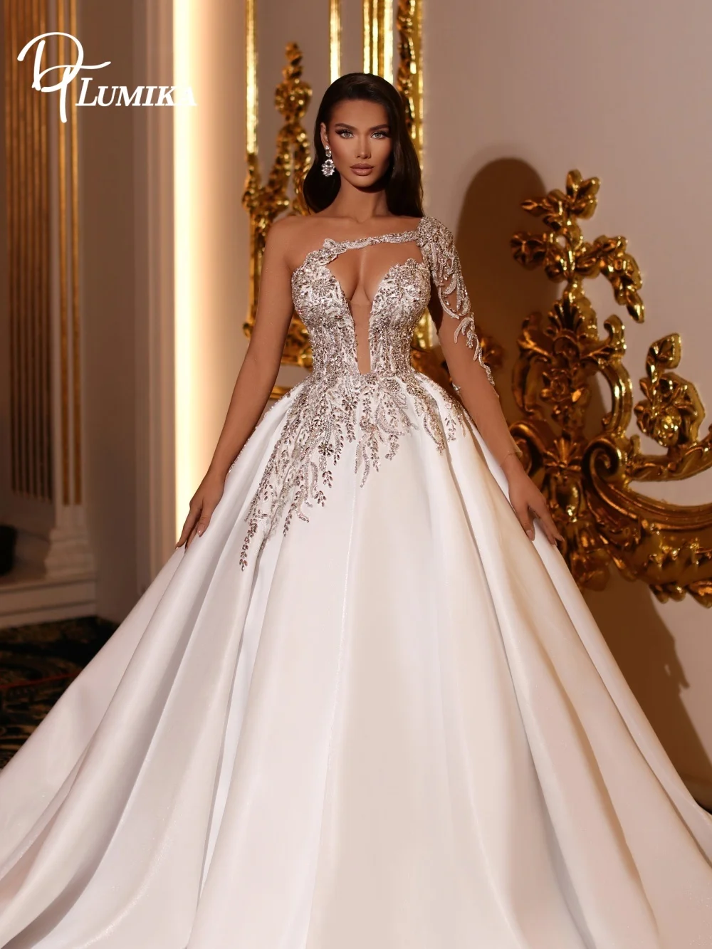 Regal One Shoulder Wedding Dress Single Beaded Deep V Floral Appliques Satin Ball Gown Bridal Gown Customized Vestidos De Novia