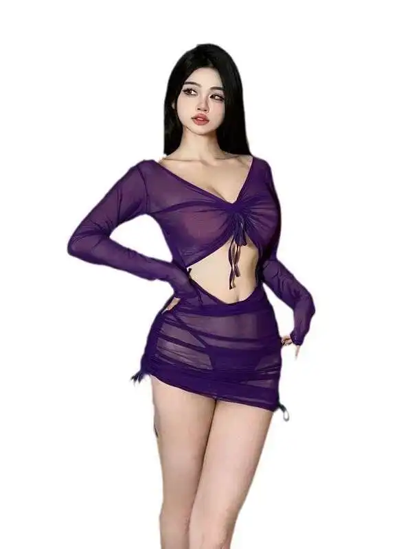 セクシーな薄手の長袖ラップ尻ドレスエレガントなパープルディープ V ネック中空スリム外観薄いスパイシーな女の子の衣装 J1CH
