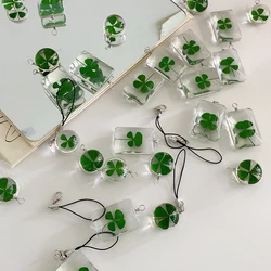 Green Lucky Four Leaf Keychain Lucky Clover Phone Strap Charm Lanyard Glass Bag Camera Pendant Keyring Backpack Accessories Gift