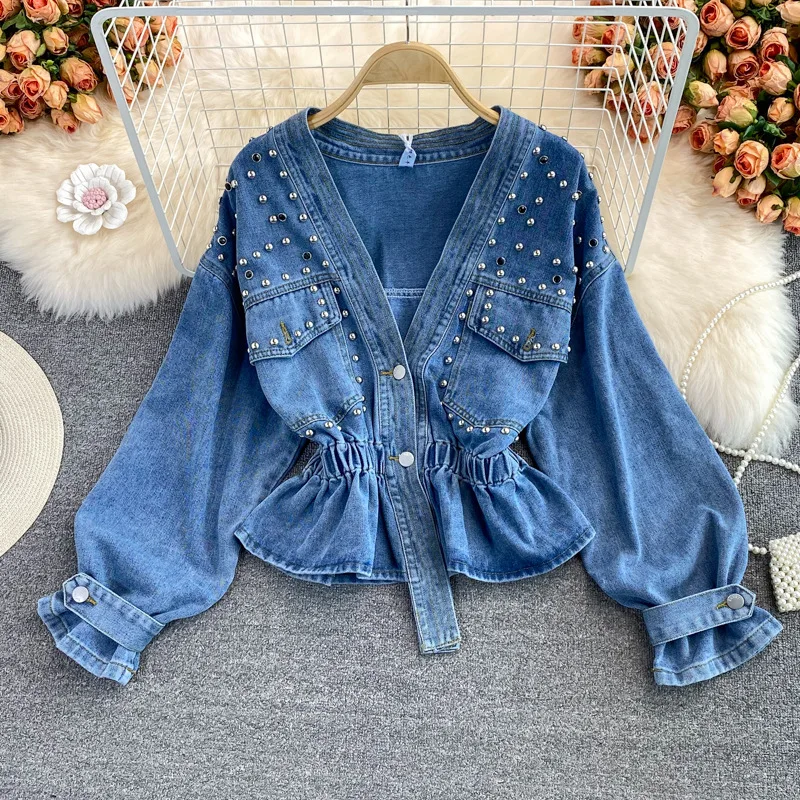 Design Inspired Denim Jacket For Women 2026 Spring Autumn New Heavy Industry Diamond Studded Nail Bead Slimming Long Sleeved Top