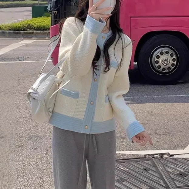 2025 신상 루즈핏 슬리밍 니트 가디건, 여성용 다용도 라운드넥 긴팔 스웨터 배색 재킷