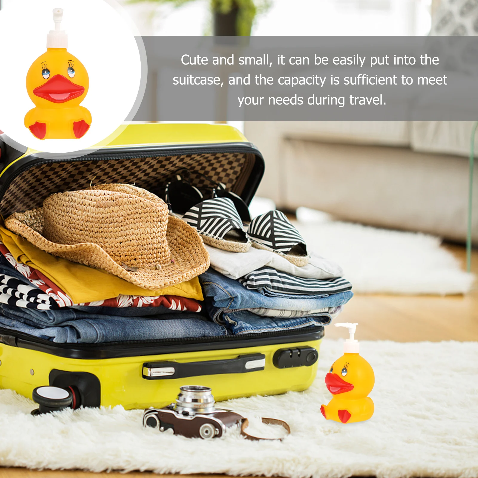 

1Pcs Yellow Cartoon Duck Pump Bottle Travel Size Lotion Shampoo Dispenser Reusable Empty Container for Camping Bathroom Portable