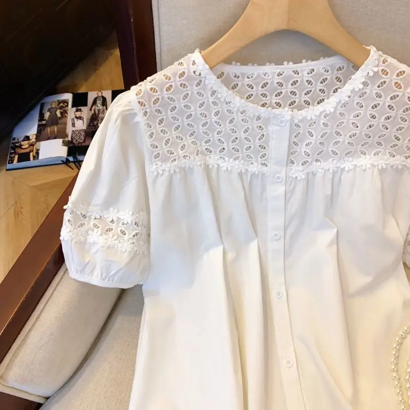 Short Sleeve Shirts Women Business Casual Jacquard Patchwork Pintuck Cropped Blouse Artistic Preppy Urban Student Youthful Light