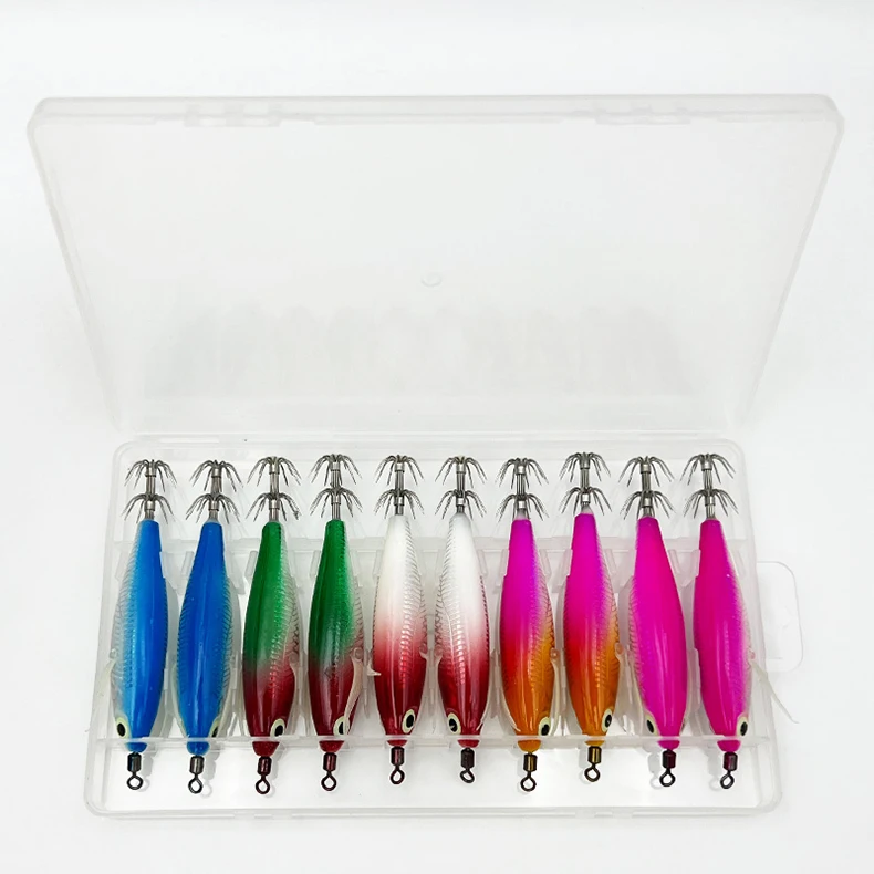 ShareShark 10 Stück/Box 8cm/5,7g Garnelen-Angelköder Leuchtende Tintenfisch-Jigs Haken Meeresangel-Zubehör Künstlicher Köder Oktopus-Köder – Detail 13