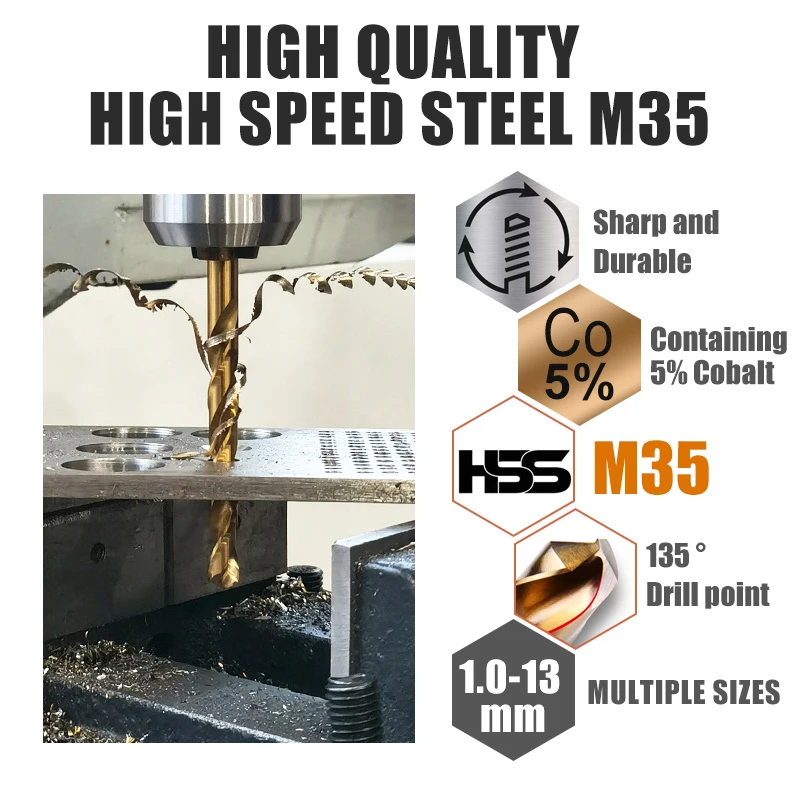 1.0-13mm Cobalt Coated Twist Drill Bit Set HSS M35 Gun Drill Bit For Wood/Metal Hole Cutter Power Tools